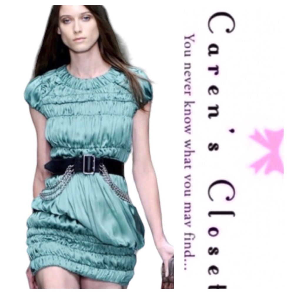 Burberry Runway Green Silk Ruched Mini Dress - Picture 1 of 9